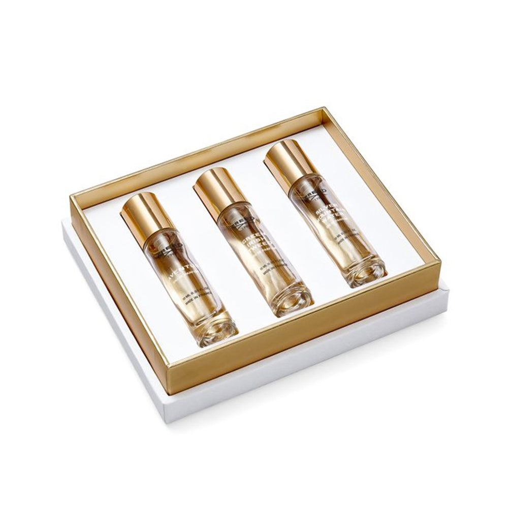 Set de 10ml con Aventus Green Irish Tweed y Silver Mountain Water en un empaque de navidad en angulo